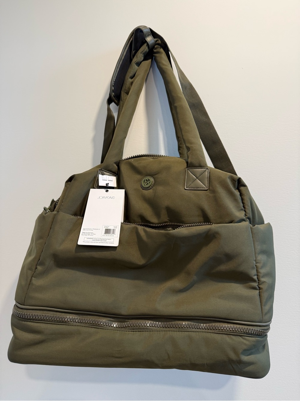 Joan & David 18-inch drop-bottom duffel bag in olive green